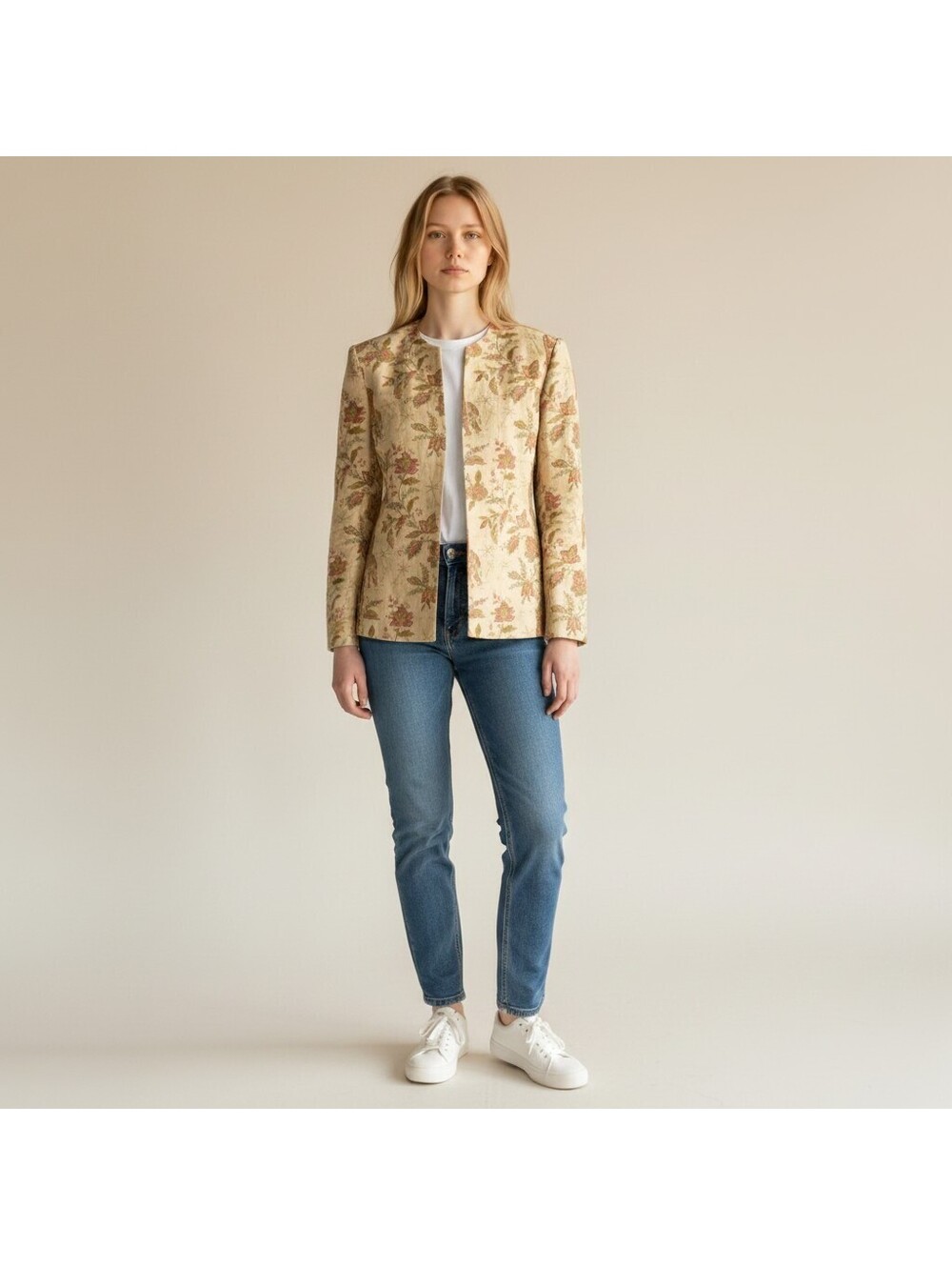 Talbots Blazer Women 6 Beige Floral Silk Button Up Long Sleeve Lined Classic